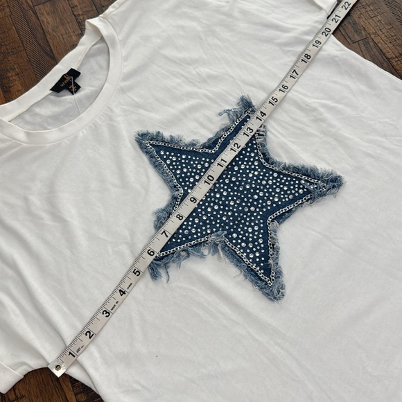 Denim Star Patch Tee with Rhinestones and frayed edges on graphic NWOT Medium - Picture 5 of 11